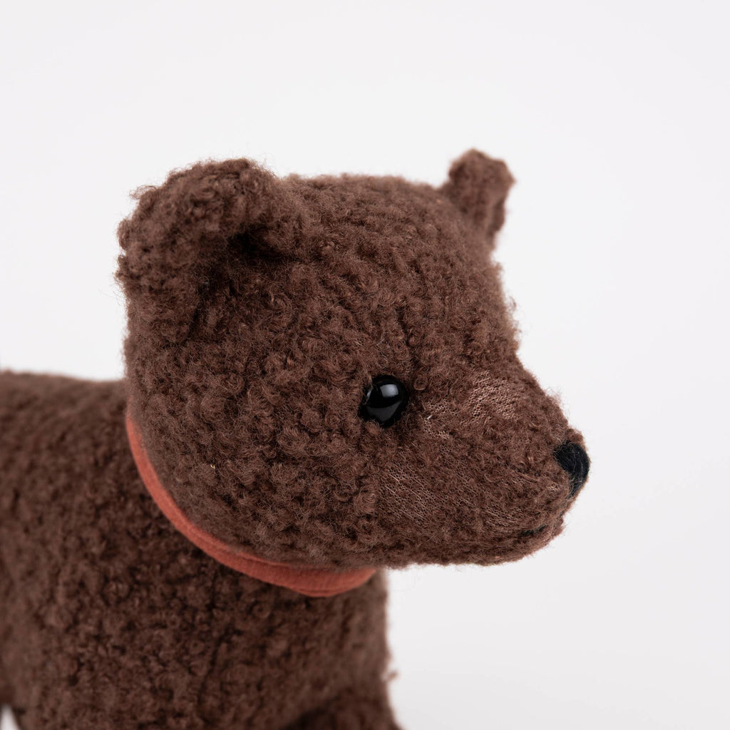 A close-up of Pull-Along Raoul, a brown, curly-textured plush bear with black eyes and a dark nose, wearing a reddish-brown collar and set against a plain white background. This adorable toy is perfect for encouraging gross motor skills in young children.