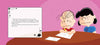Linus writes at a table as Lucy watches skeptically. On the left, text explains Lucy doubts Linus, who believes in the Great Pumpkin from It’s the Great Pumpkin, Charlie Brown by Charles M. Schulz. Pink background with subtle pattern.