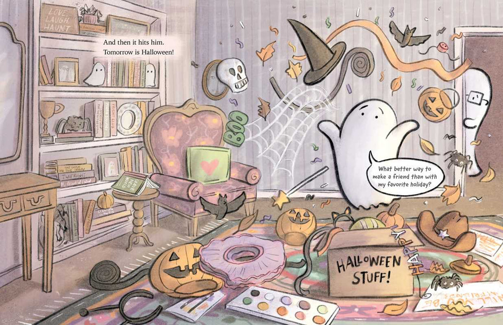 A cozy living room is filled with Halloween decorations and crafting supplies. A shy ghost excitedly hovers with a thought bubble saying, "What better way to make friends than with my favorite holiday?" Nearby, a copy of the "Little Ghost Makes a Friend Book" sits by an open box labeled "Halloween Stuff!"—the perfect setup for an ideal Halloween party.