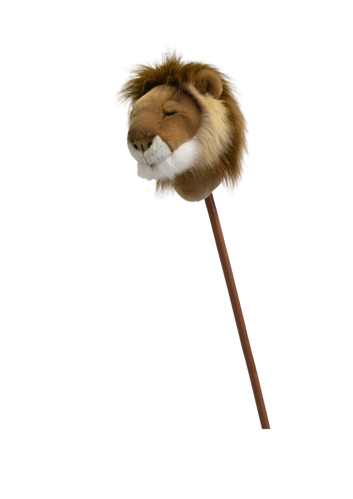 The Hobbyhorse - Lion features a lion toy head with a fuzzy mane attached to a brown stick, resembling a classic stick animal hobby horse, shown against a plain white background.