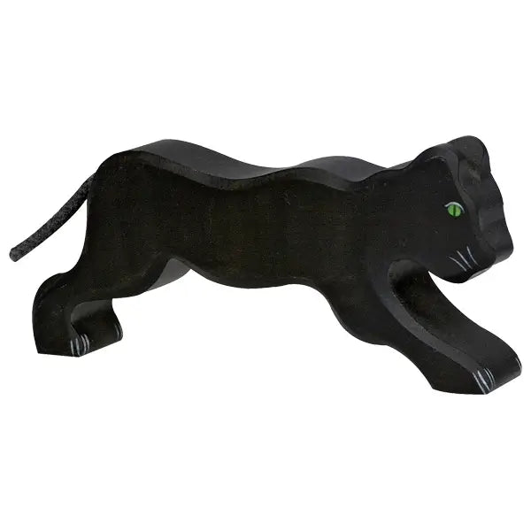 A handcrafted wooden carving of a black panther with an elongated body and arched legs, painted with green eyes, called the Holztiger Panther. The tail is slightly curved upward. This minimalist design, reminiscent of HOLZTIGER figures, features smooth and slightly abstract details.