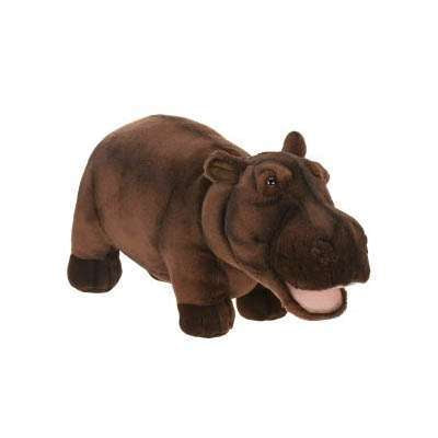 A Happy Hippo Stuffed Animal, hand sewn with a soft brown body, visible stitching, and a cheerful expression, isolated on a white background.