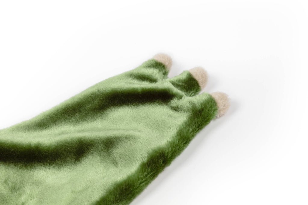A green faux fur glove with three beige fuzzy fingertips from the Costume - T-Rex Dino set, perfect for an animal costume, is displayed on a white background.