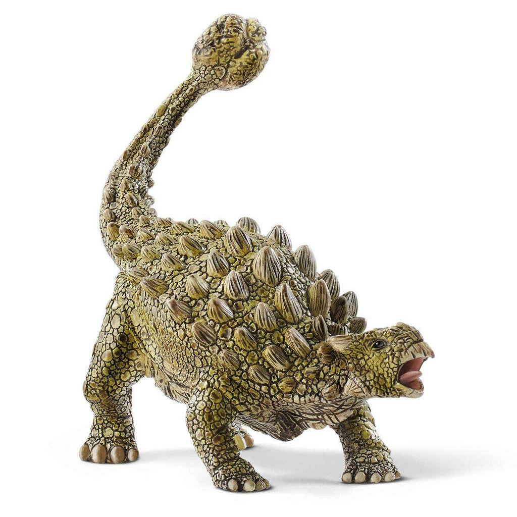 The Schleich Ankylosaurus Realistic Dinosaur Toy features a detailed and lifelike model with green, scaly skin, pronounced armor plates, and a raised clubbed tail. Its mouth is open as if roaring, and it stands on four legs—making it the perfect educational toy for dinosaur enthusiasts.
