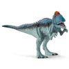 The Schleich Cryolophosaurus Dinosaur Toy with Movable Jaw features a blue body, a row of red spikes, an orange crest on its head, and an open mouth revealing sharp teeth. It stands on two legs against a white background.