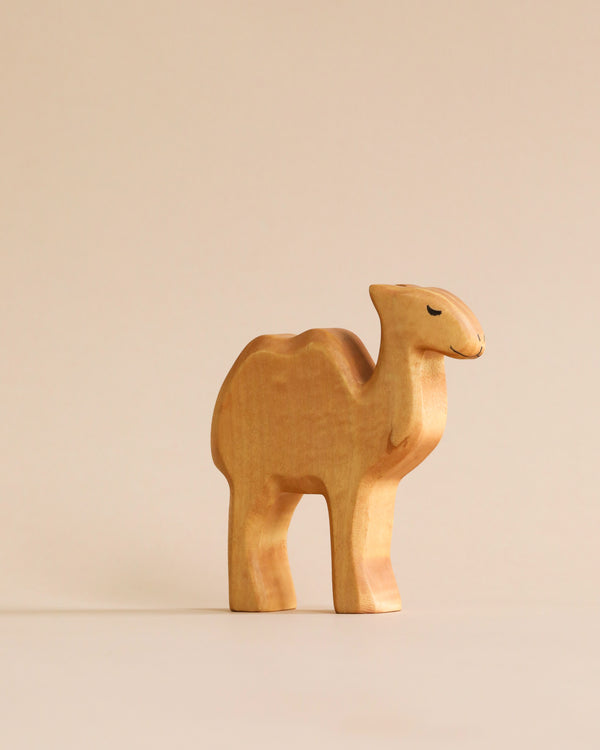 A high-quality Handmade Holzwald Baby Camel figurine stands against a plain, light beige background, showcasing smooth, simple detailing and a natural wood finish.