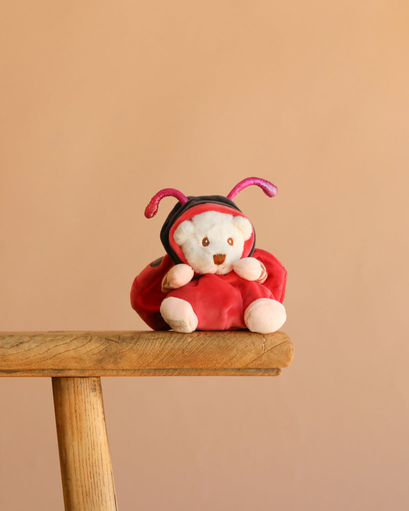 The Bukowski - Ziggy Ladybug plush bear, dressed in a red and black ladybug costume, sits on a wooden stool with a plain beige background.