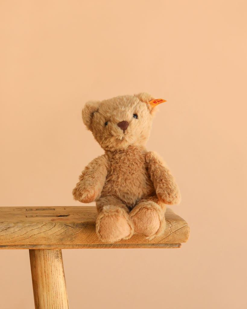 An 8" Steiff Thommy Teddy Bear with a yellow tag in its ear sits on the edge of a wooden stool, set against a plain beige background.