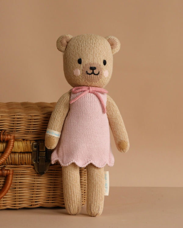 Cuddle + Kind Bella the Honey Bear, a hand-knit teddy bear in a pink dress, stands before a woven basket with a leather latch against a beige background.