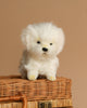 A fluffy white Maltese Tea Cup Dog Stuffed Animal with black eyes sits atop a woven wicker basket against a neutral beige background.