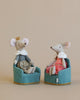 Two Maileg Royal Mice Set - Gift Wrapped, dressed in fabric clothes, sitting in separate teal royal palace chairs. The Maileg prince mouse on the left wears a crown and cape, and the Maileg princess mouse on
