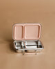 The Haps Nordic Stainless Steel Lunch Box with two compartments and a blush lid is open and displayed on a plain beige background.