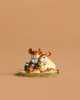 The Wee Forest Folk Tiny Collectible - Just the Two of Us (Not a Toy) features two handmade mouse figurines in charming outfits enjoying a picnic on a blanket with food and drinks, set against a simple light brown background.