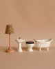 The Maileg Bathroom Sink, Mouse Size - Off White, is a charming mouse house accessory featuring an off white sink with faucet—perfect for adding an elegant touch to your miniature bathroom decor.