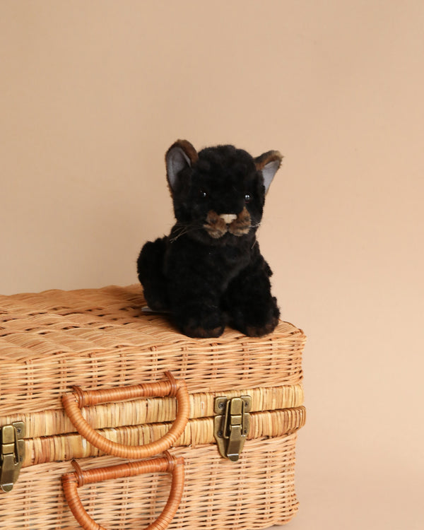 A Jaguar Cub Stuffed Animal sits atop a wicker basket with gold clasps and a tan handle against a light tan background.
