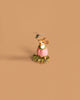 Wee Forest Folk Tiny Collectible - Pretty Perch in Pink features a hand-sculpted mouse in a pink dress on a green base, holding a dragonfly-topped staff against a plain beige background.