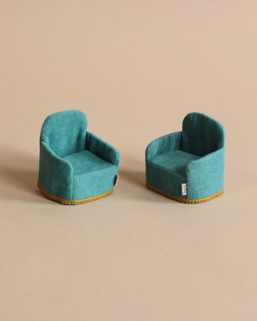 Two Maileg Royal Mice Set - Gift Wrapped with yellow trim on a neutral background, positioned facing each other, possibly for use in a dollhouse.
