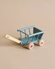 A Maileg Wagon, characterized by a minimalist design and constructed primarily from smooth, painted wood, is placed against a neutral background. This small blue wooden wagon features four beige wheels and a matching beige handle, making it perfect for carrying groceries.