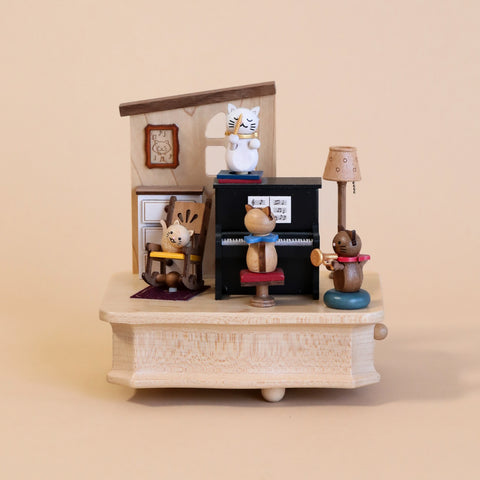 Wooden music box with cats playing the piano