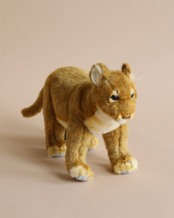 A realistic Standing Lion Cub Stuffed Animal standing against a light beige background. The toy has detailed features, including a mane, whiskers, and expressive eyes. Each piece is hand-sewn for added craftsmanship.