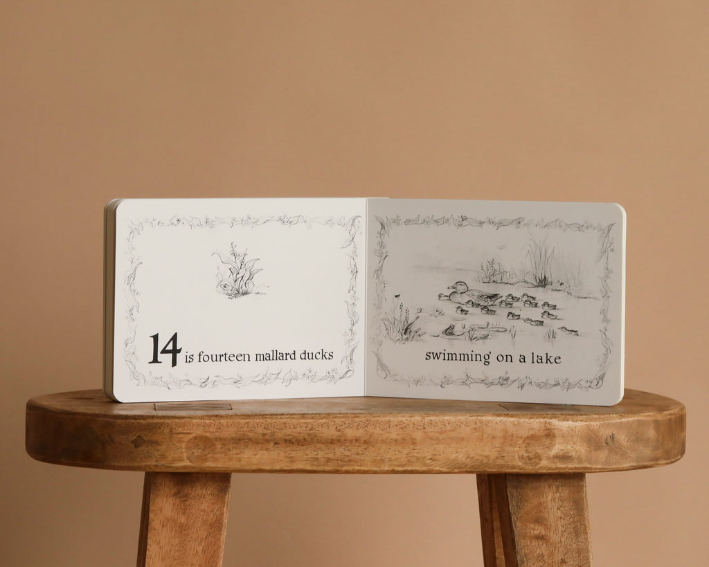 An open copy of "1 Is One" by Tasha Tudor rests on a wooden stool, turned to the page displaying "14 is fourteen mallard ducks swimming on a lake," with an illustration of ducks in water from this classic counting book.