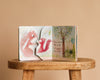 An opened copy of "I Love You So" by Patricia Hegarty rests on a wooden stool, displaying two illustrated baby animals, a tree, and the heartfelt text: "Whether you go near or far, you'll always be close to me.