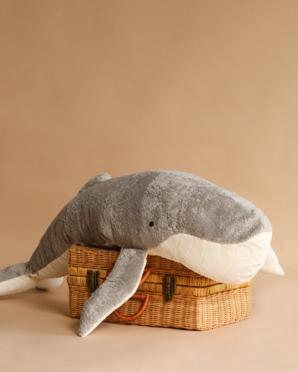 The Senger Naturwelt Giant Grey Whale - XXL plush rests atop a closed wicker picnic basket against a plain, light brown background.