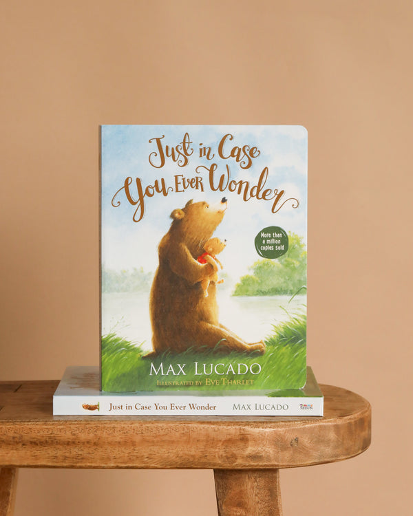 A "Just In Case You Ever Wonder Board Book" rests on a wooden bench, its cover featuring an adult bear hugging a cub by a serene lake under a blue sky, reflecting comforting togetherness and the warmth of God's love.