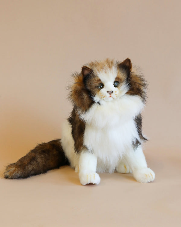 A fluffy Persian kitten with white, brown, and black fur sits attentively with its bright blue eyes looking forward, set against a soft beige background, displaying realistic features characteristic of Forest Cat Stuffed Animals.