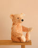 A Steiff Elmar Teddy Bear, 16", with a tag in its ear sits upright on a wooden surface against a plain beige background.