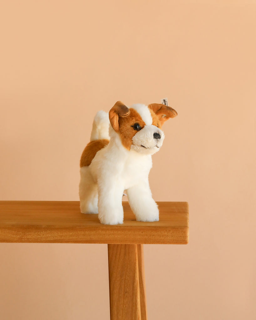 The Steiff Terrie Dog, a realistic stuffed dog with brown and white fur, stands on a light wooden table against a plain beige background.