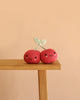 Two Cuddle + Kind Baby Cherry plush toys, each featuring smiling faces and green leaves and handcrafted from natural Peruvian cotton yarn, sit on the edge of a wooden table against a plain peach-colored background.