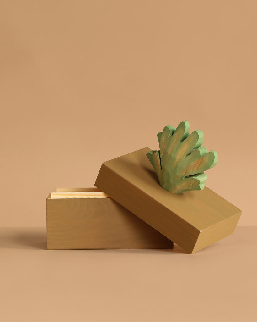 The Ferm Living Hand Carved Wooden Harbour Box - Coral features a partly open lid, hand-carved handle, and a green plant-inspired top accent. Displayed on a plain beige background, it's ideal as charming children's room decor.