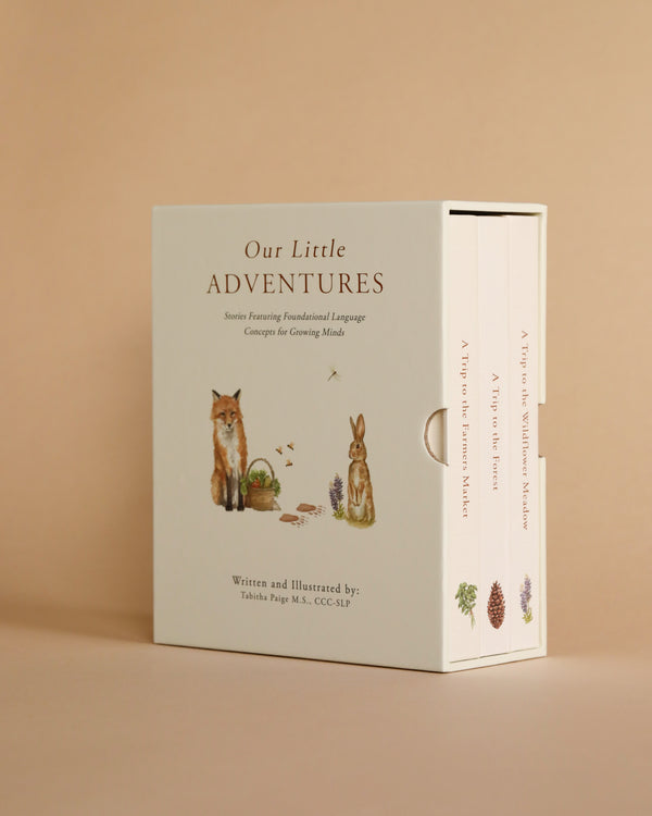 A children’s Our Little Adventures Book Box Set, featuring illustrations of a fox, rabbit, and plants on the cover, set against a beige background.