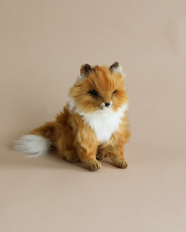 A realistic Sitting Fox Stuffed Animal sitting upright against a plain beige background, with detailed fur in shades of brown and white and an alert, attentive expression.