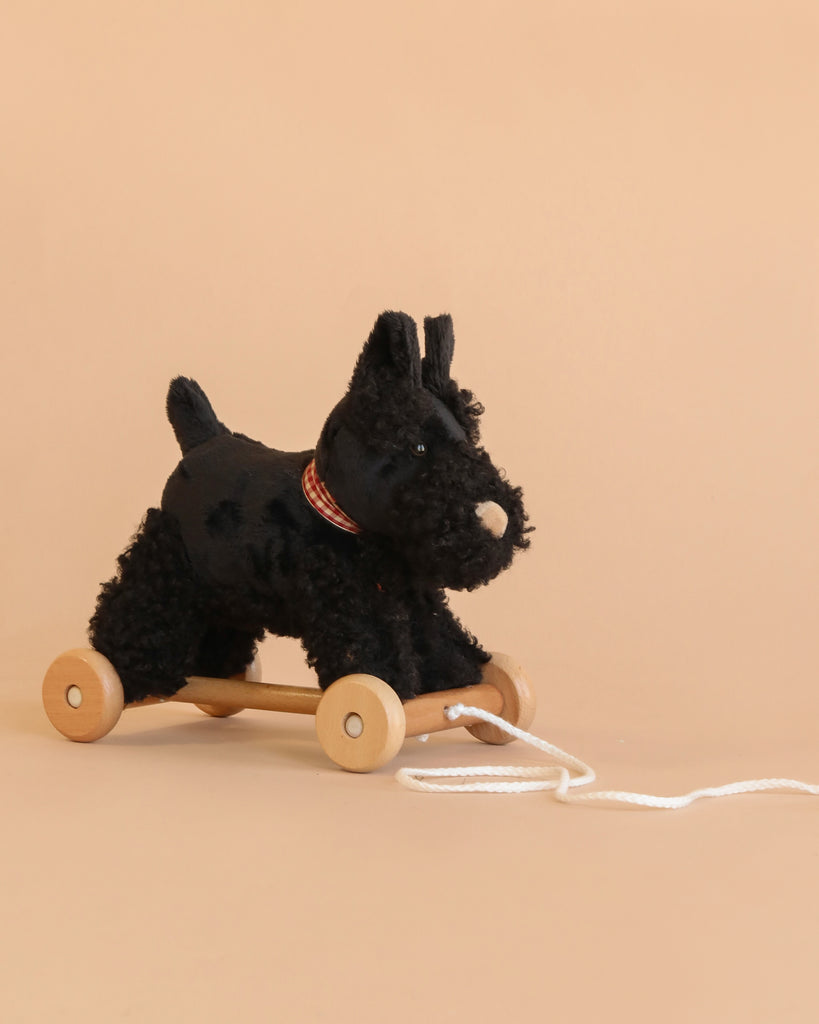 Pull-Along Walter is a plush black dog pull-along toy with sturdy wooden wheels, a cheerful red plaid collar, and a white pull string, shown on a plain beige background—perfect for helping little ones develop their gross motor skills.