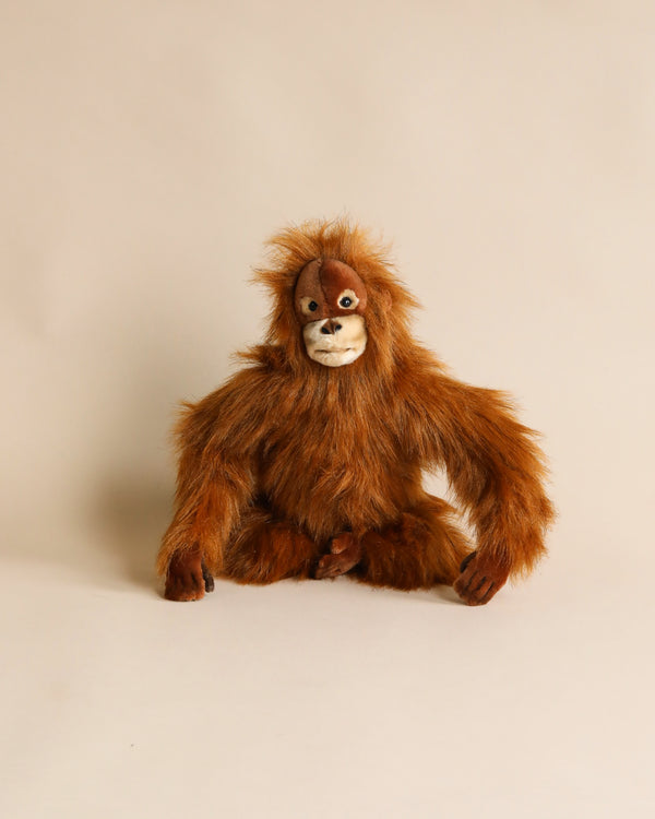 A Orangutan Stuffed Animal with fluffy, reddish-brown fur, sitting against a plain, light beige background. It has realistic features, expressive eyes, and a relaxed posture.