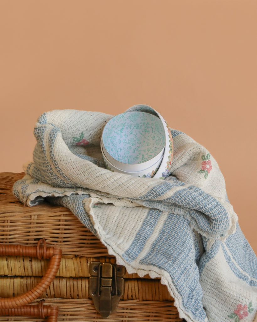 A small Cardboard Beatrix Potter Egg (Bunnies With Basket Of Eggs) sits on a soft peach background, paired with a woven wicker basket and a blue-and-white knitted blanket.