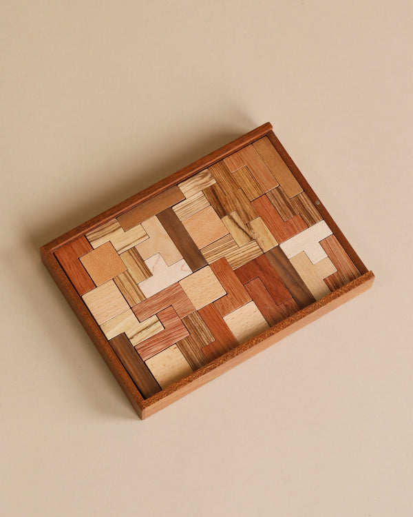 A Wooden Puzzle consisting of various interlocking pieces, positioned in a rectangular wooden tray, set against a neutral beige background. This toy is marked as a potential choking hazard.