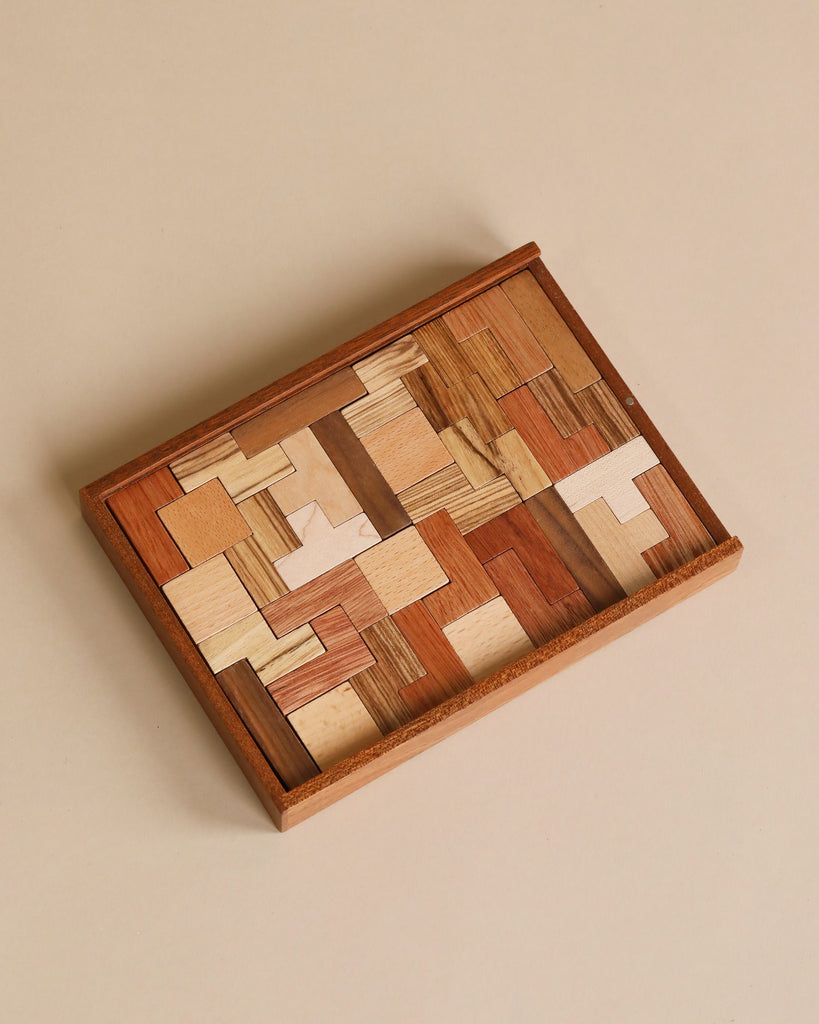 A Wooden Puzzle consisting of various interlocking pieces, positioned in a rectangular wooden tray, set against a neutral beige background. This toy is marked as a potential choking hazard.