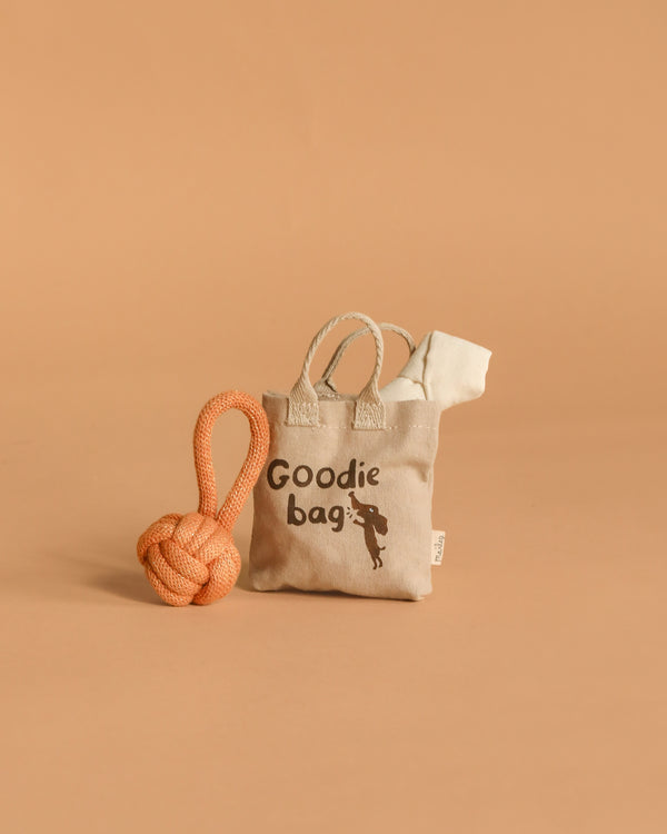 The Maileg Pet Supply, Toys—a small beige tote labeled "Goodie bag" with a dog silhouette and puppy accessories—stands beside an orange rope dog toy on a plain tan background.