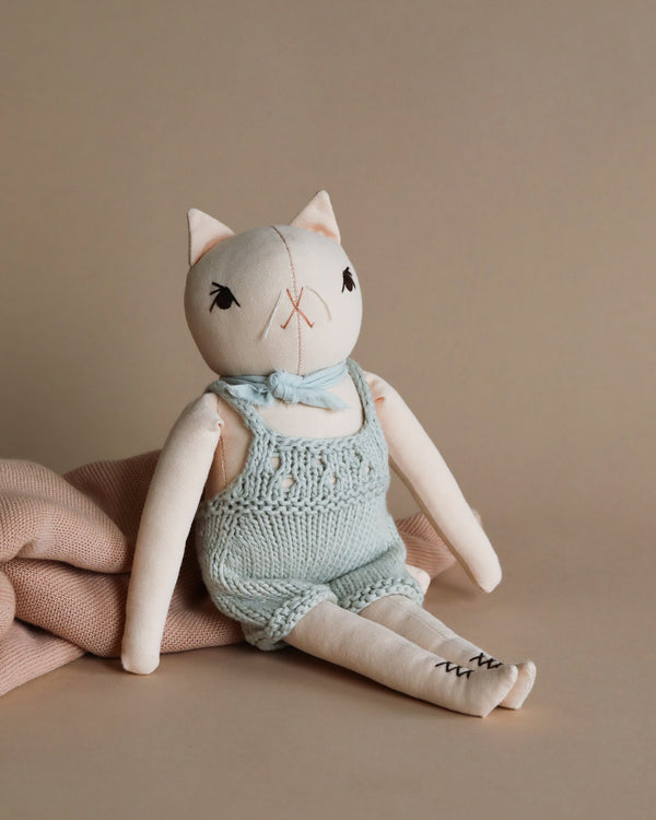 A Polka Dot Club Cat in Hand Knit Overalls with a gentle face sitting against a neutral backdrop, dressed in baby alpaca overalls and striped socks.
