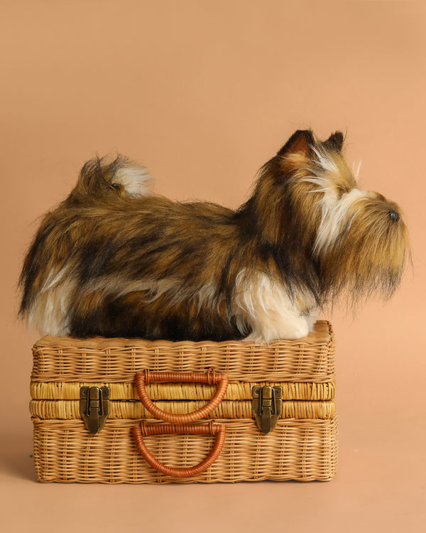 The Terrier Dog Stuffed Animal, a plush toy with brown and black fur, sits atop a closed woven wicker suitcase with tan handles, set against a plain beige background.