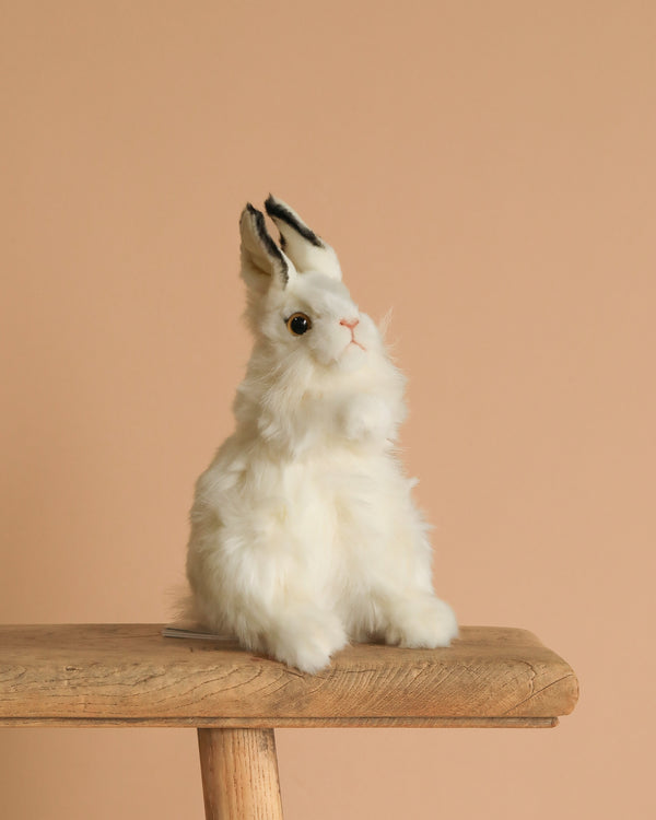 The White Bunny Stuffed Animal sits upright on a wooden bench with black ear tips, realistic features, and hand-sewn charm against a beige background.