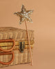 The Magic Wand - Gold Sequin Star rests beside a glitter crown and a wicker basket with curved handles and a metal latch, all set against a plain beige background.