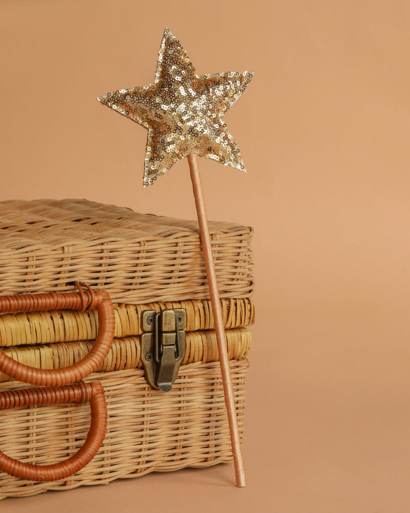 The Magic Wand - Gold Sequin Star rests beside a glitter crown and a wicker basket with curved handles and a metal latch, all set against a plain beige background.