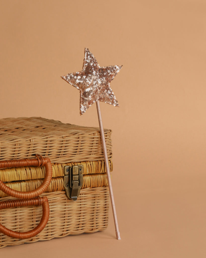 The Magic Wand - Pink Sequin Star with a pink handle leans against a closed wicker basket with leather handles and clasp, set on a plain beige background.