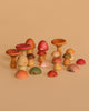 The Grapat Play Set - Mushroom Grove features hand-painted wooden mushrooms in earthy red, orange, brown, green, and pink tones. These sustainable toys inspire imaginative play with their assorted shapes and sizes.