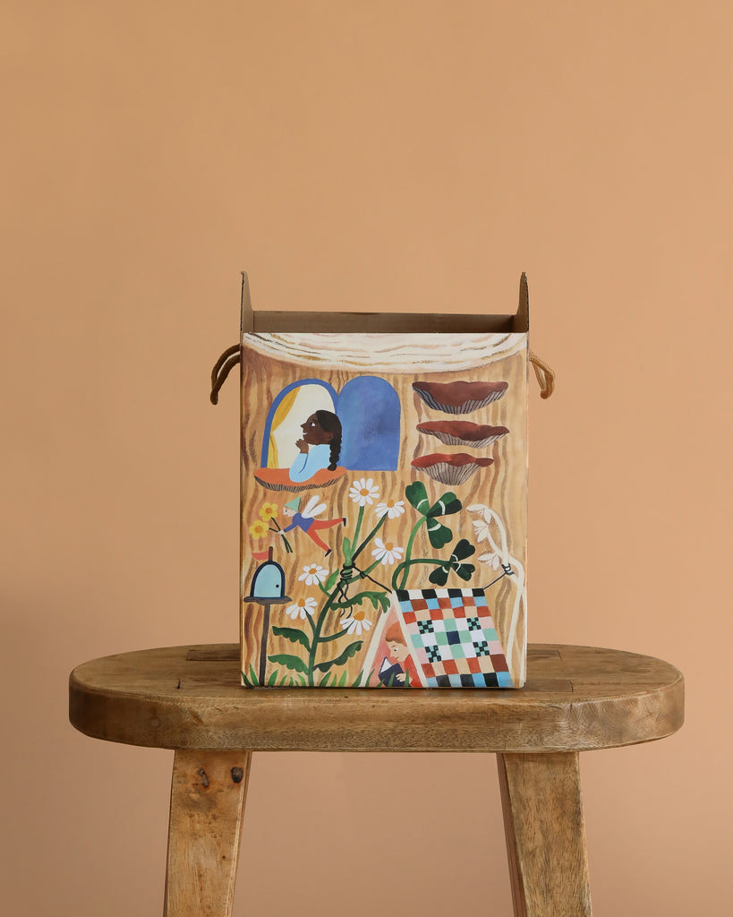 The Odin Parker x Gemma Koomen Gift Bag, adorned with vibrant artwork of a woman, birds, flowers, a blue purse, and a checkered blanket, sits on a wooden stool against a tan background—an eco-friendly choice for gifting.