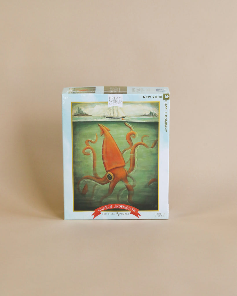 A jigsaw puzzle box featuring a surreal artwork of a giant squid in a dreamlike landscape on a beige background, with a linen style finish. The puzzle is named "Kraken Underneath" and indicates it